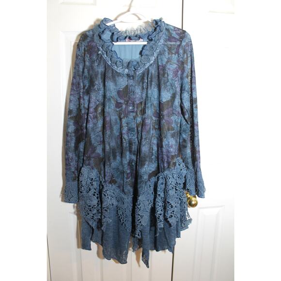 Pretty Angel Long Sleeve Whimsigoth Blue Floral Dress w Lace sz L - Picture 1 of 3